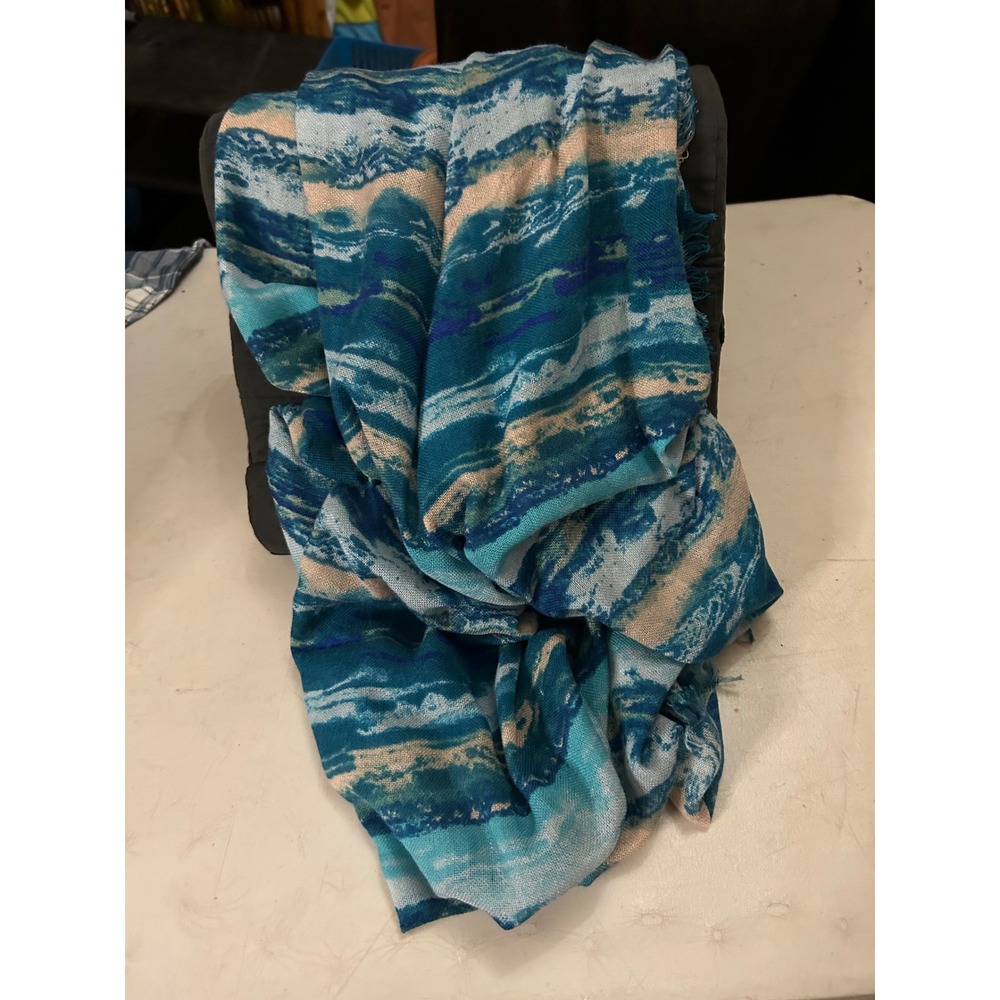 Abstract Industrial Ecote Urban Outfitters Teal Blue Print Fringed Scarf Wrap